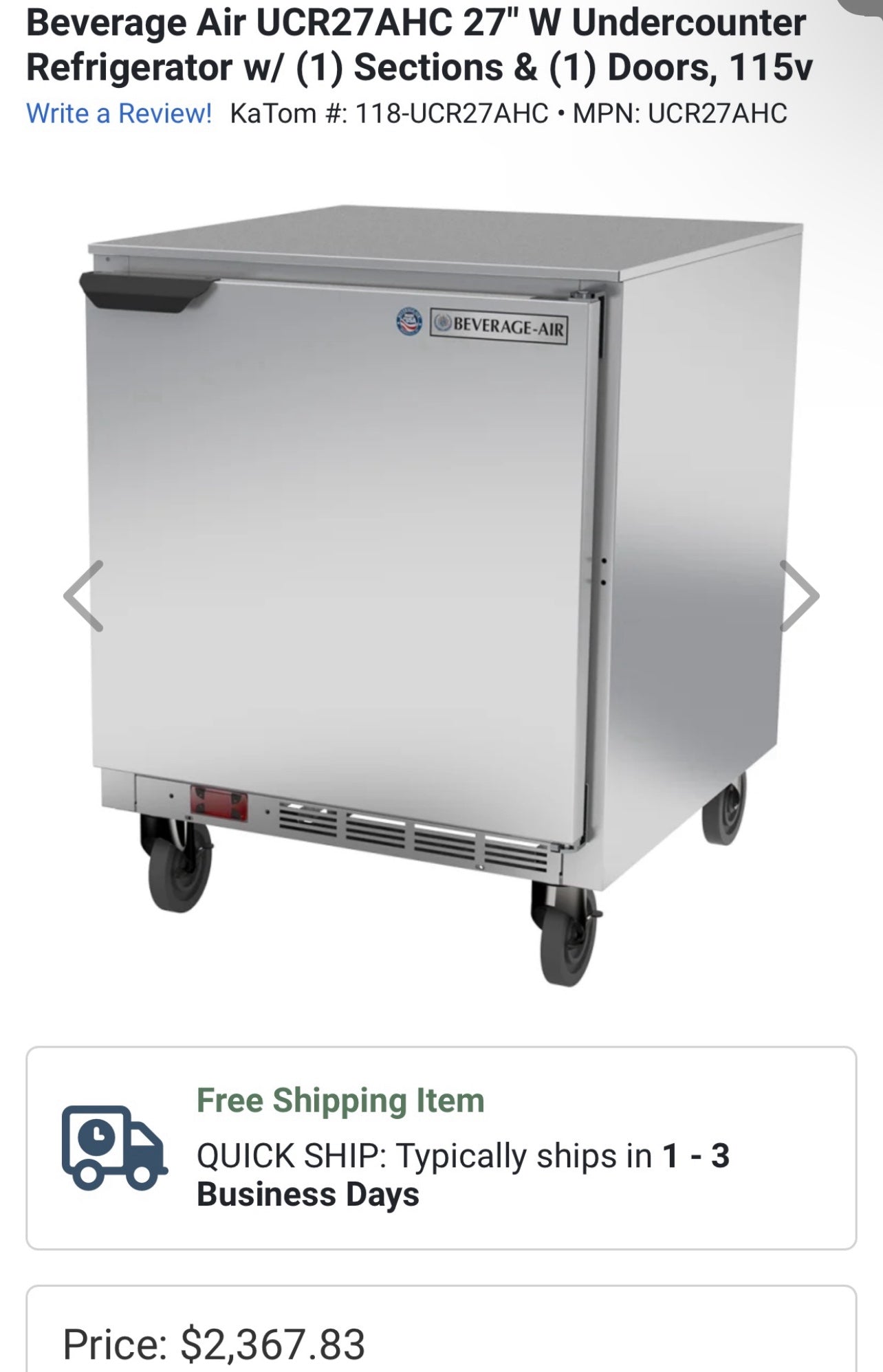 $1600 / 27” Beverage Air Under the Counter Refridgerator / Quality Unit / Verified by Licensed Technitican
