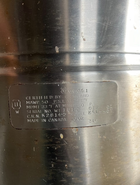 $4500 / Cleveland KGL-40-T Natural Gas 40 Gallon Tilting 2/3 Steam Jacketed Kettle - 140,000 BTU / Restaurant Equipment