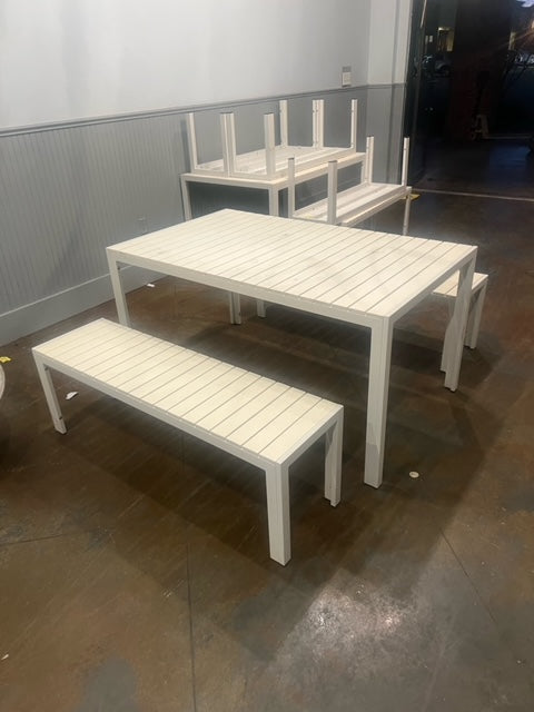 $300 ea.  / White Recycled Plastic Dining Tables w/ Benches 60in x 36in / Great Condition / Very Sturdy / 2 Sets In Stock