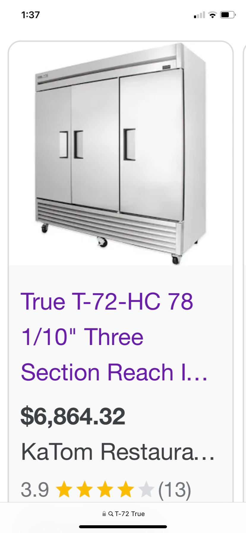 $5500 / 2021 True T-72 Stainless Steel Refrigerator / Never Used