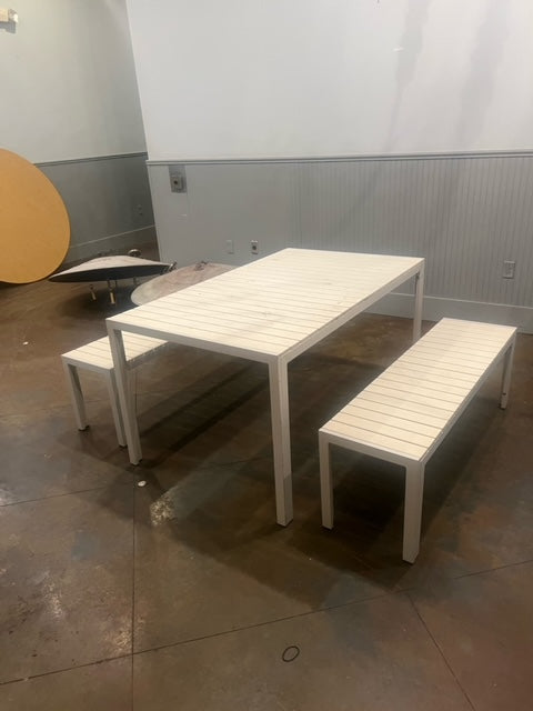 $300 ea.  / White Recycled Plastic Dining Tables w/ Benches 60in x 36in / Great Condition / Very Sturdy / 2 Sets In Stock