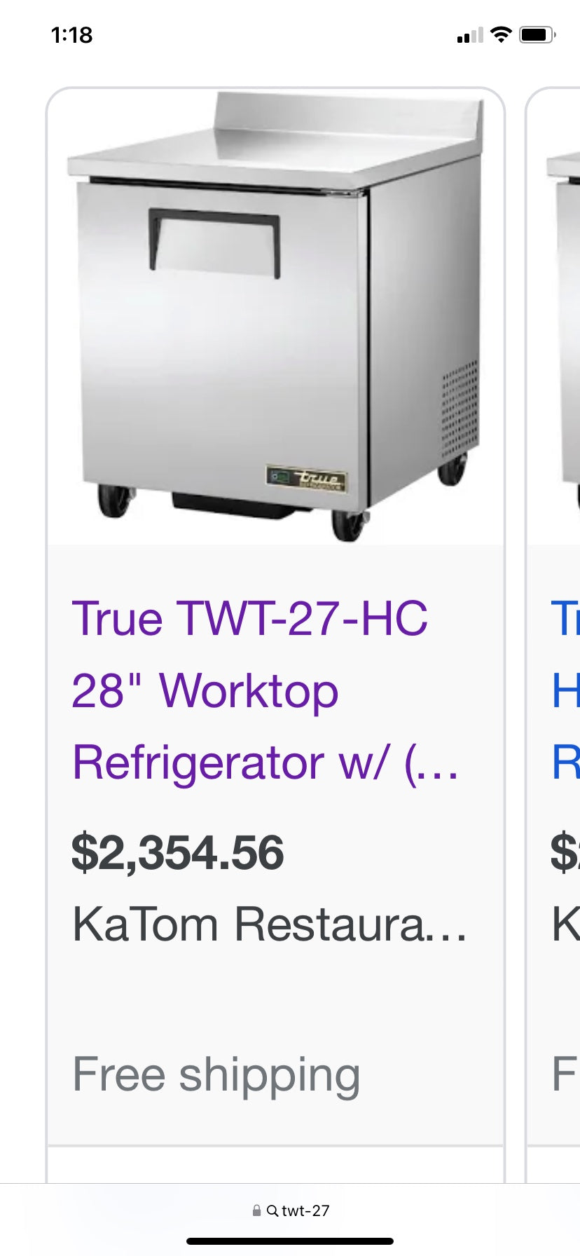 1800 / True TWT27HC 28" Worktop Refrigerator w/ (1) Section & (1) R