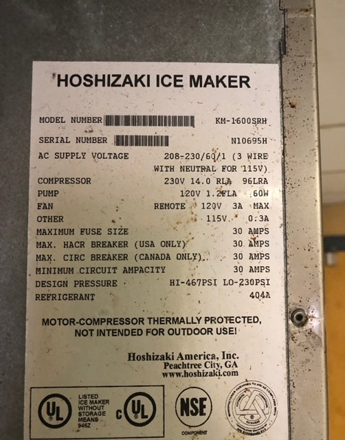 $9000 / Hoshizaki 1600lb Ice Maker w/ Bin / Excellent Condition / Certified By Licensed Technician