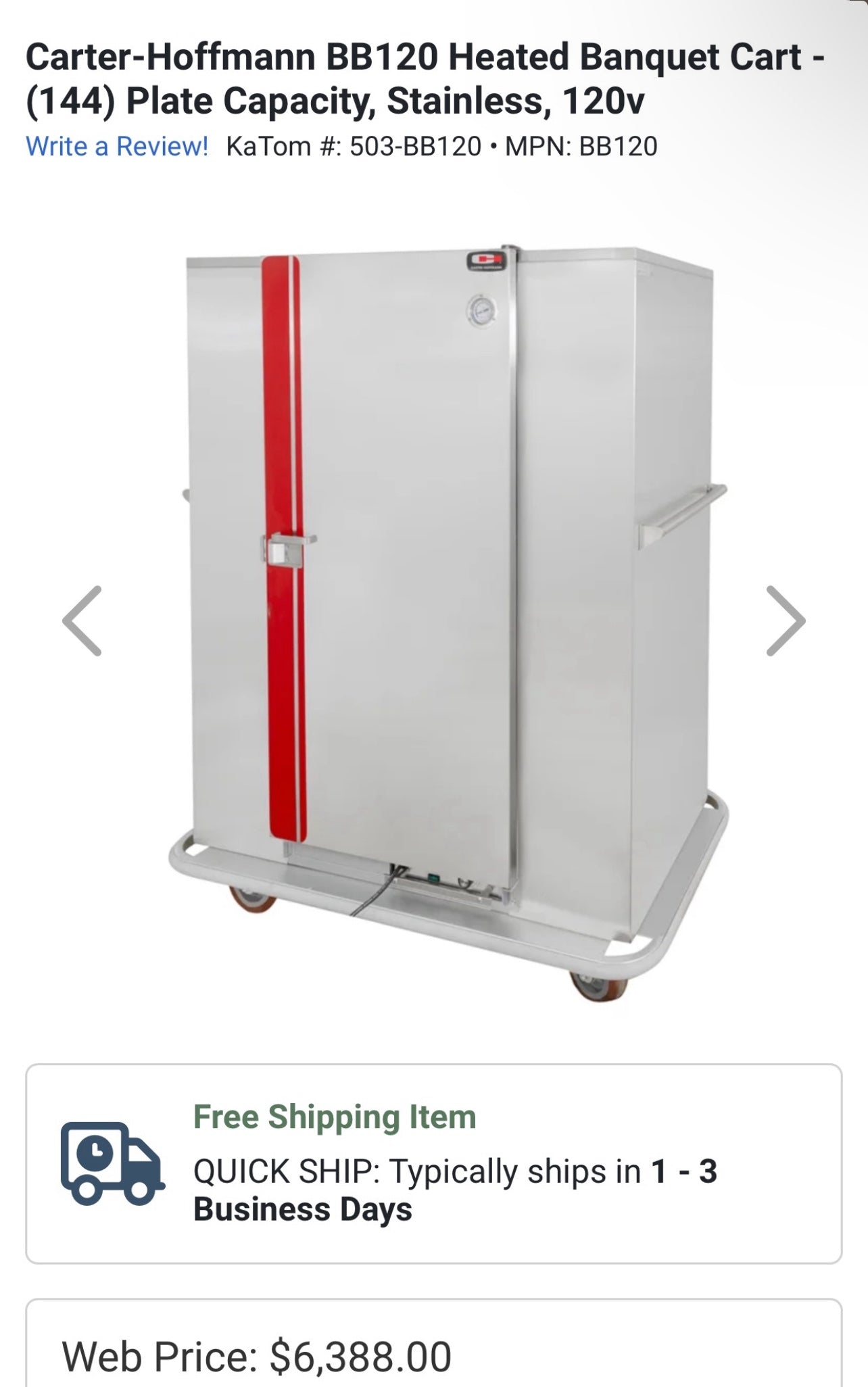 2500 / CarterHoffmann Heated Banquet Cart / Warmer / Caterin