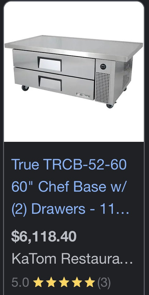 $2500ea / TRUE 60” Chef Base / NSF Certified / Verified by Licensed Technician