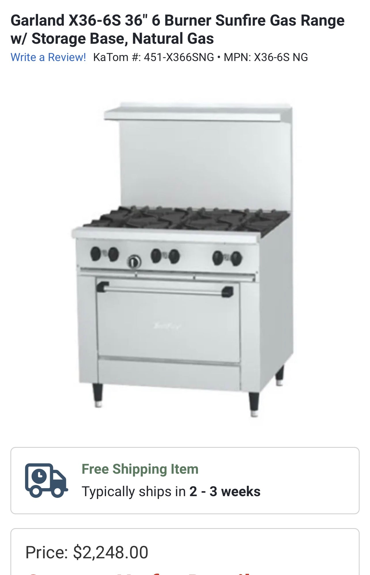 $1500 Garland X36-6S 36" 6 Burner Sunfire Gas Range w/ Storage Base, Natural Gas